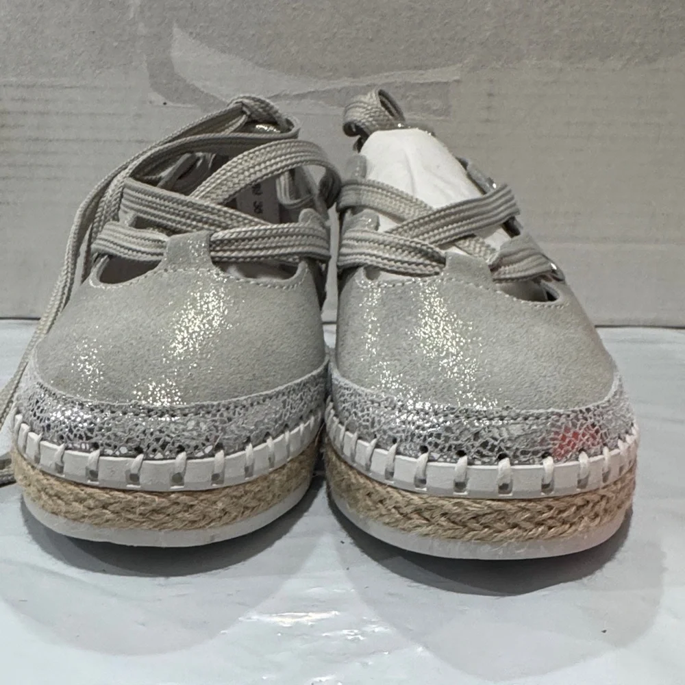 bernie mev. Metallic Silver Crisscross Wedges